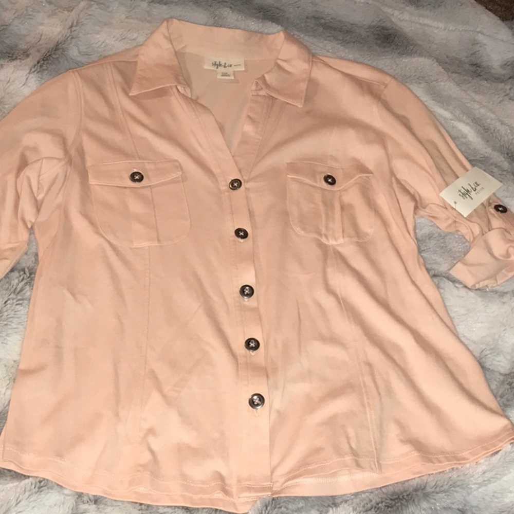 Cotton button down Petite Blouse Top Peach Pink